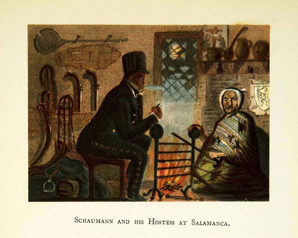 El teniente August Schaumann y la anciana en cuya casa se alojó la noche del 30 de noviembre de 1808, en el contexto del paso por la capital salmantina del ejército británico comandado por el general John Moore
