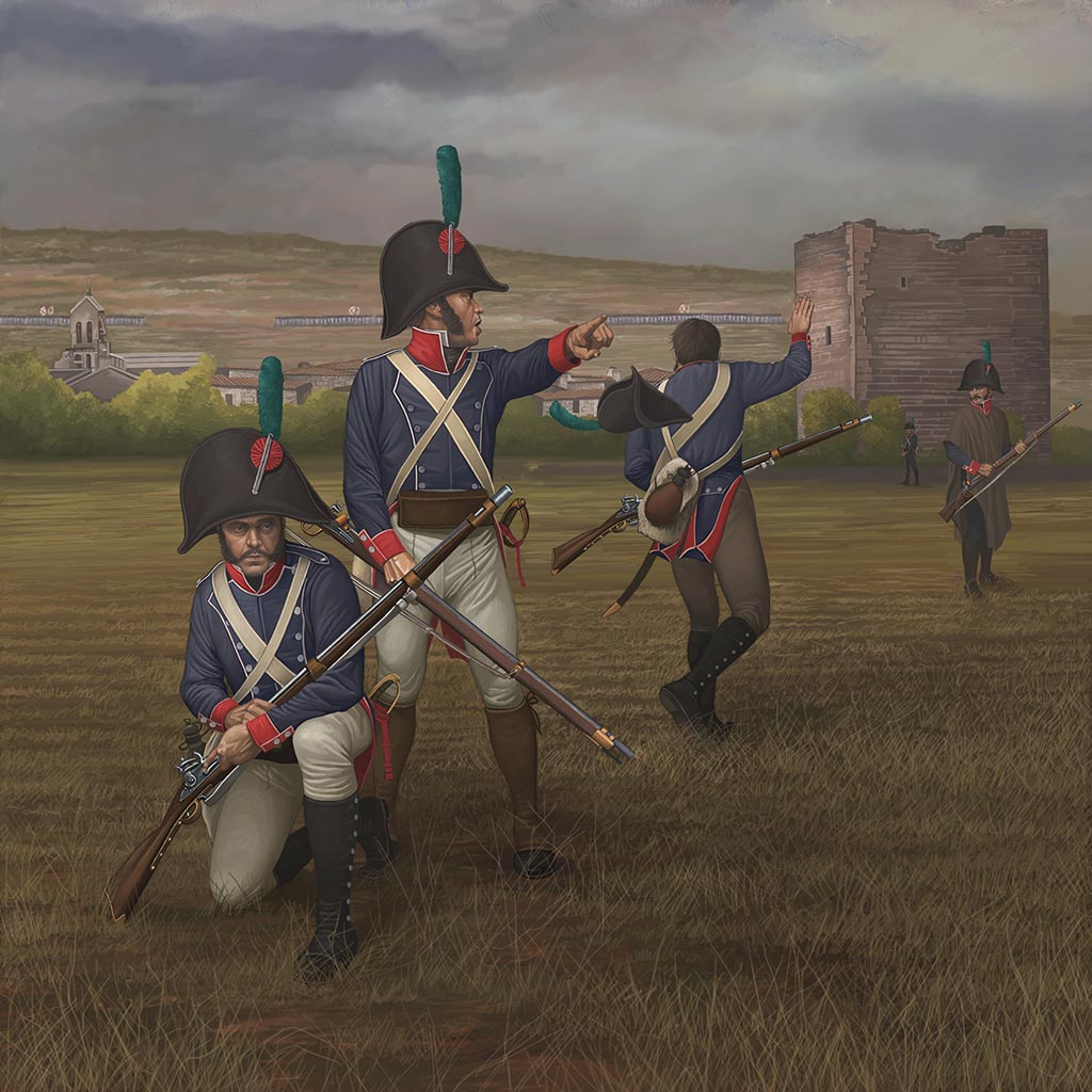Soldados del regimiento de infantería ligera Voluntarios de Navarra en la batalla de Tamames